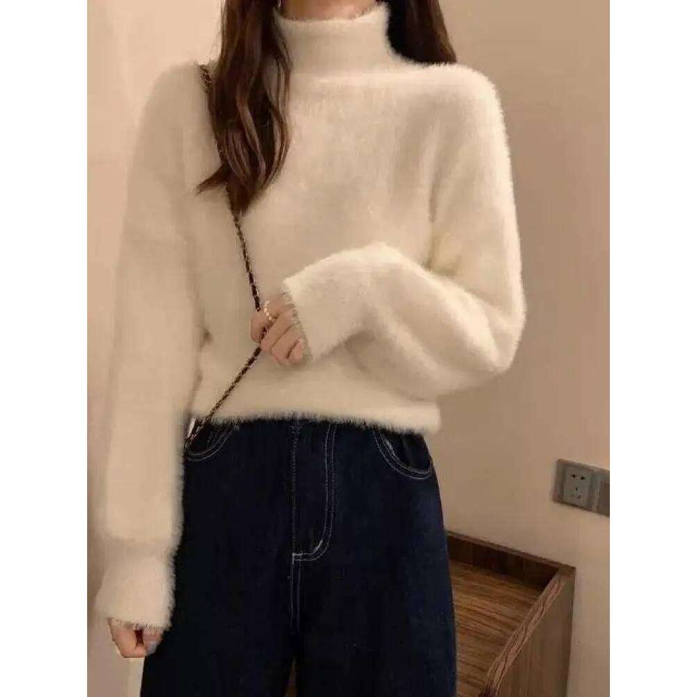 2025 Winter Imitate Mink Wool Hot Fleecing Female Turtleneck Elastic Casual Sweater Women Knitted Tops Pullovers Soft Warm Designer Sweater Women Bear