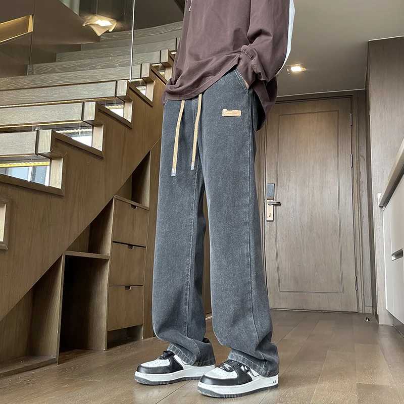 Branded Mens Baggy Jeans Classic Drawstring Loose Casual Straight Pants College Students Daily Versatile Blue Pants J251030