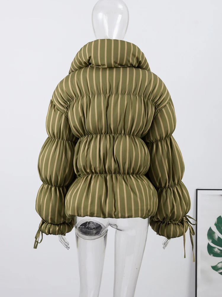 Casual Stripe Thicken Cotton Jackets Womens Loose Stand Collar Zipper Coats With Pockets 2025 Autumn Winter Ladies Outwear 251030