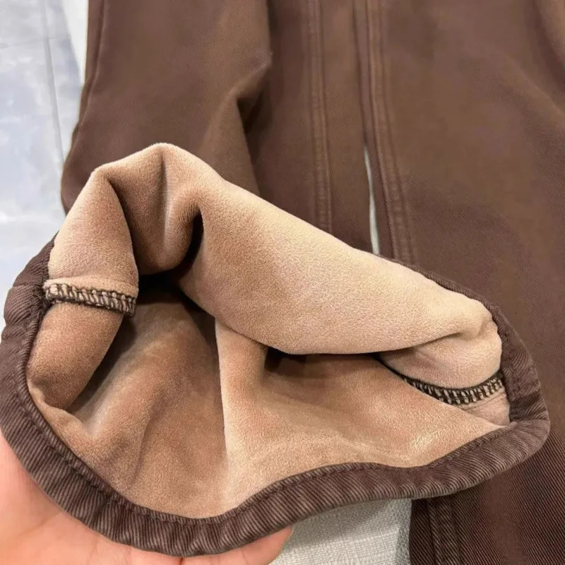 Melad Brown Plush Thick Wide Leg Jeans for Women AutumnWinter High Waist Loose and Slim Straight Leg Pants 251029