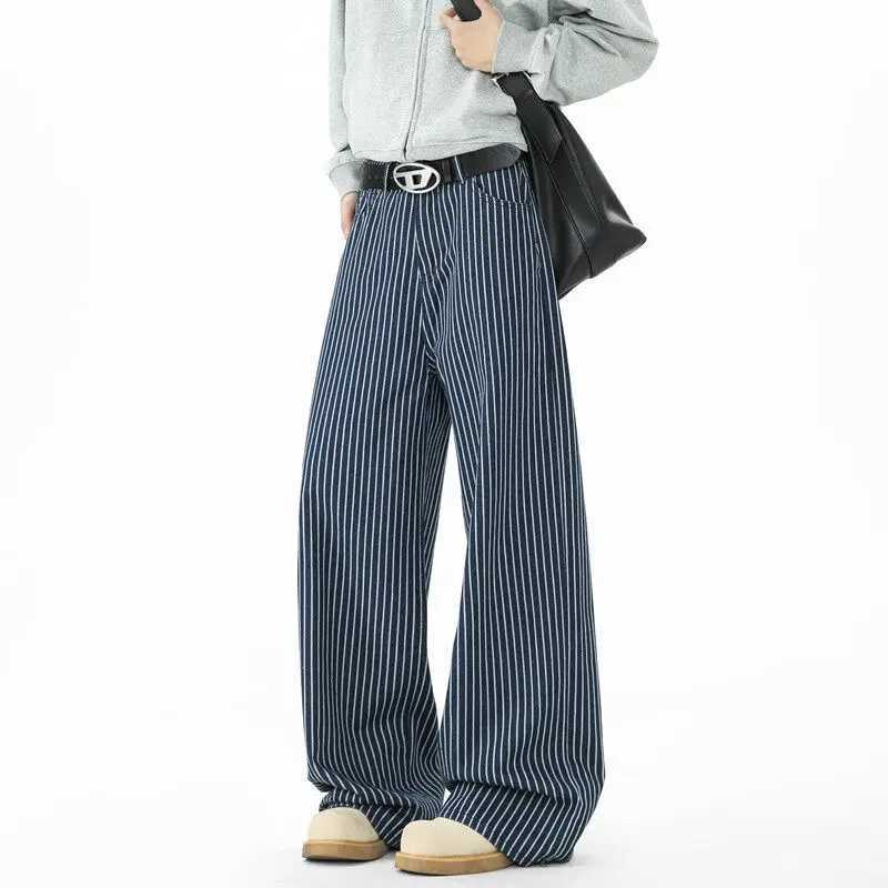 Blue Striped Jeans Men Fashion Casual Baggy Straight Jeans Men Streetwear Korean Loose Wide Leg Jeans Mens Denim Trousers S3XL J251030