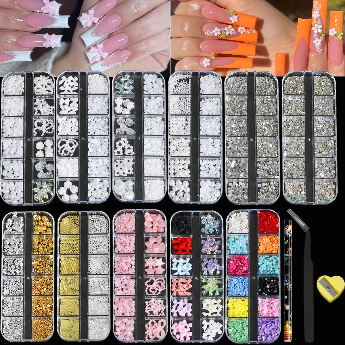 11 Boxes Of 3D Nail Decoration With Peaceful Bottom Pearls Flat Back Rhinestone Flowers Steel Balls Of Various Styles Of Resin 251027