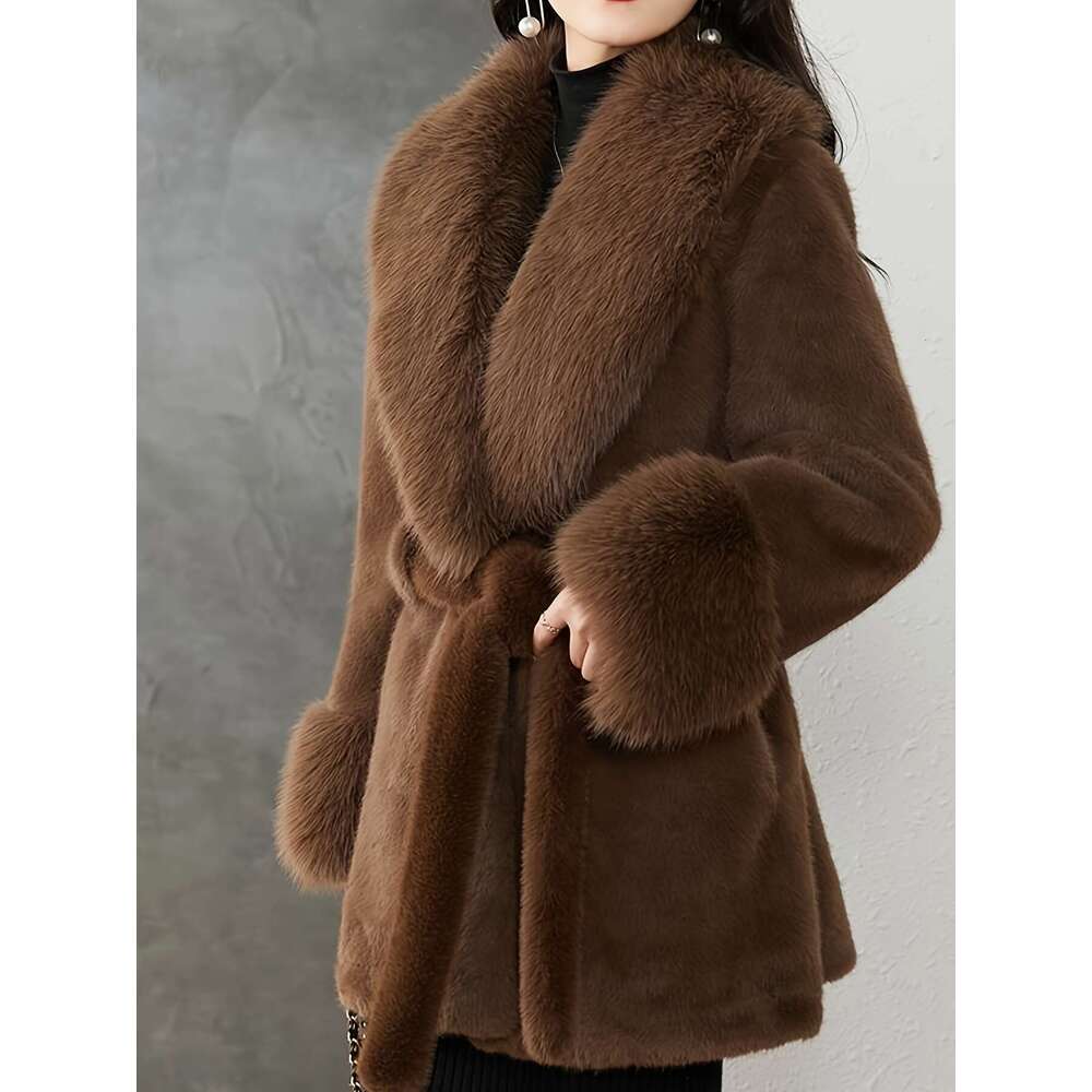 Women S Elegant Fur Lined Coat With Oversized Faux Fur Hood Imitation Grass Tie Belt Rich Brown Hand Wash Dry Clean Only Outerwear For Weather Winter