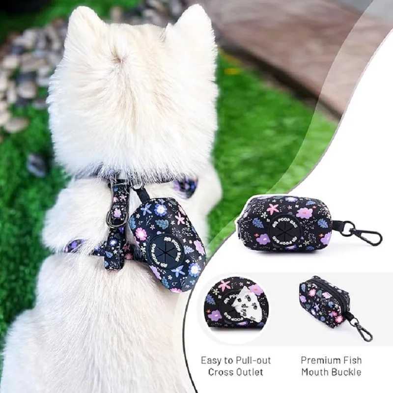 Dog harness collar leash bracket with poo bag 4 sets adjustable nonpull soft net cushion back heart combination J251129
