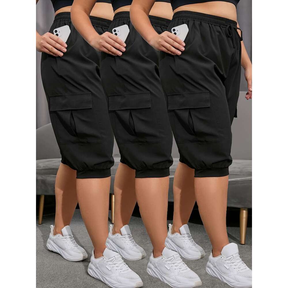 Women's Plus Size 3pcs Yoga Capri Pants with Side Flap Pockets & Drawstring Waist - Lightweight, Breathable Casual Sportswear