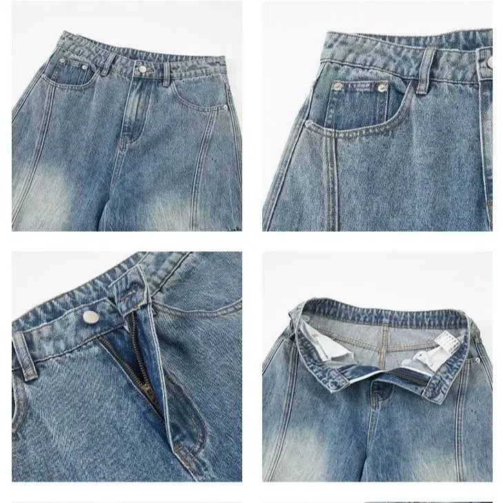 Americanstyle Washed LightningStitch Patchwork Oversized Pocket Workwear Pants Unisex Oversized Fit Denim Trousers Soft 251029