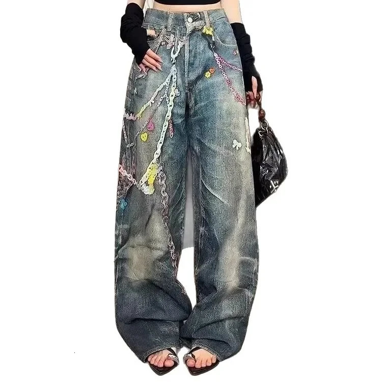 High Waist Straight Leg Jeans Womens Chain Print 3D Floral Casual Fashionable Floor Length Trousers 251029