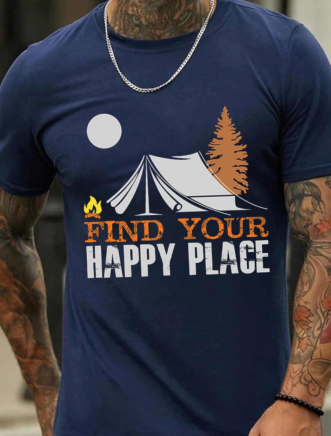 Europe & America Oversized Happy Place Camping Series Pattern Fashion Men's Cotton Summer T-Shirt - TT7093