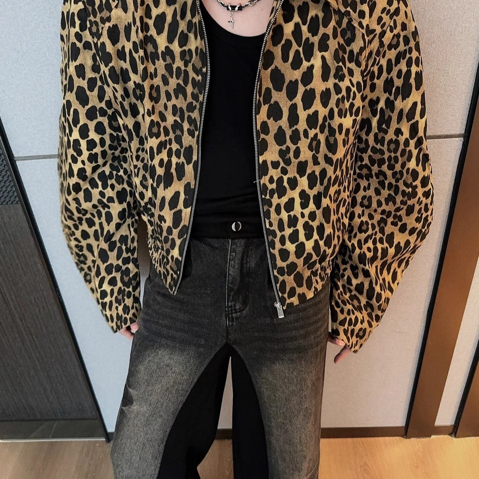Washed Leopard Print Denim Jacket For Men Spring And Designer Jacket Autumn New Style Niche Design Loose Casual Stylish Short Padded Shoulder Jacket