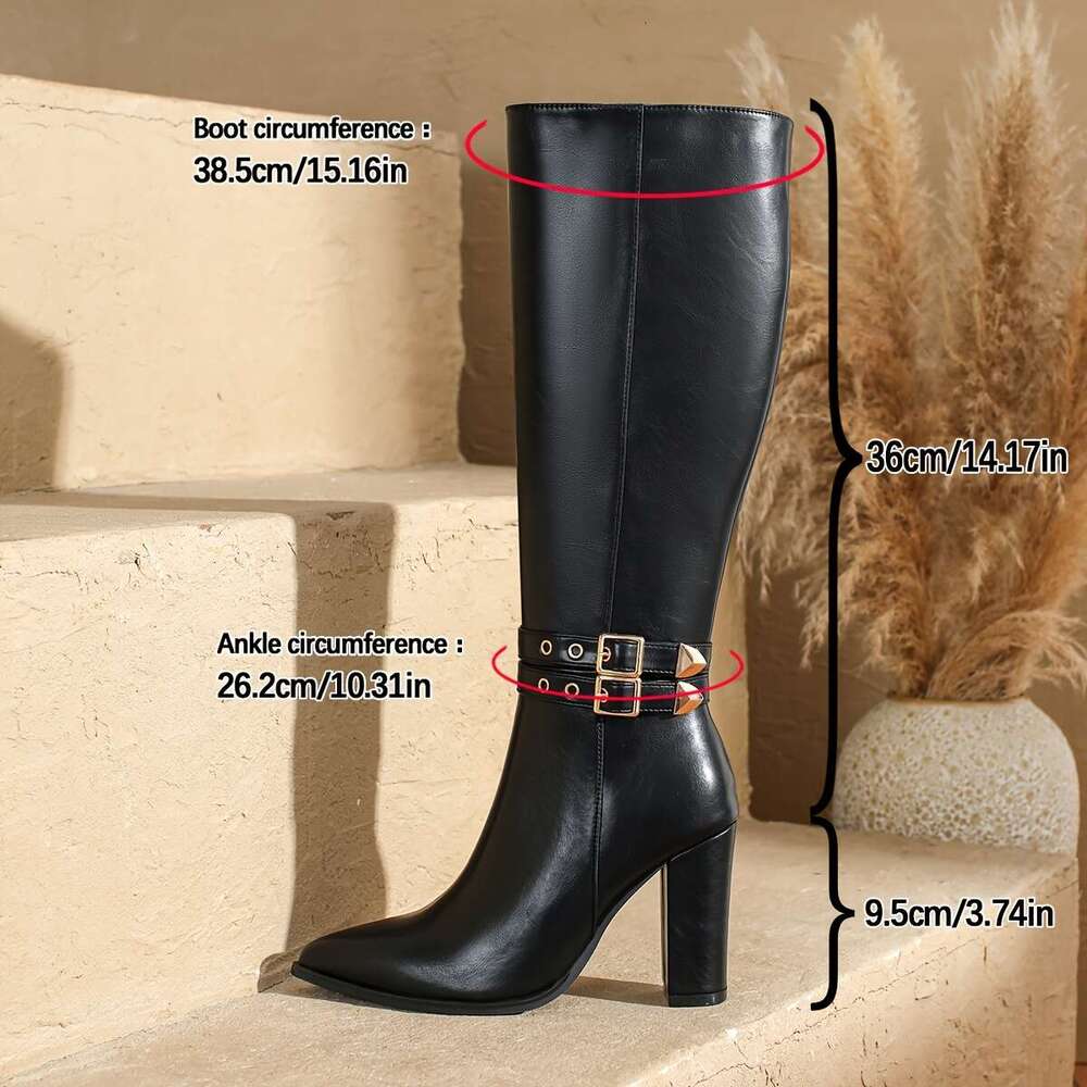 Women's European Style Knee-High With Side Zipper, Chunky Heel, And Metallic Buckle Straps - Black Faux Cover, Casual Wear, Winter Pointed Toe | 
