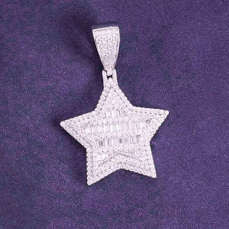 Factory Direct Hip Hop GRA Bling VVS D Color Moissanite 925 Sterling Silver Pass Diamond Tester Baguette Star Pendant for Men