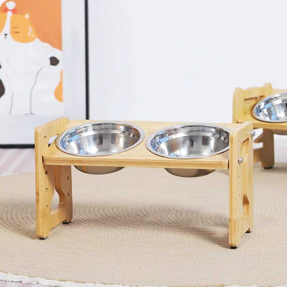 Elevated Dog Feeder Bowls Adjustable Raised Stand Wood Bowl Water Pet Cat Accessories Double Stainless Food Dog Steel D0H5 J251113