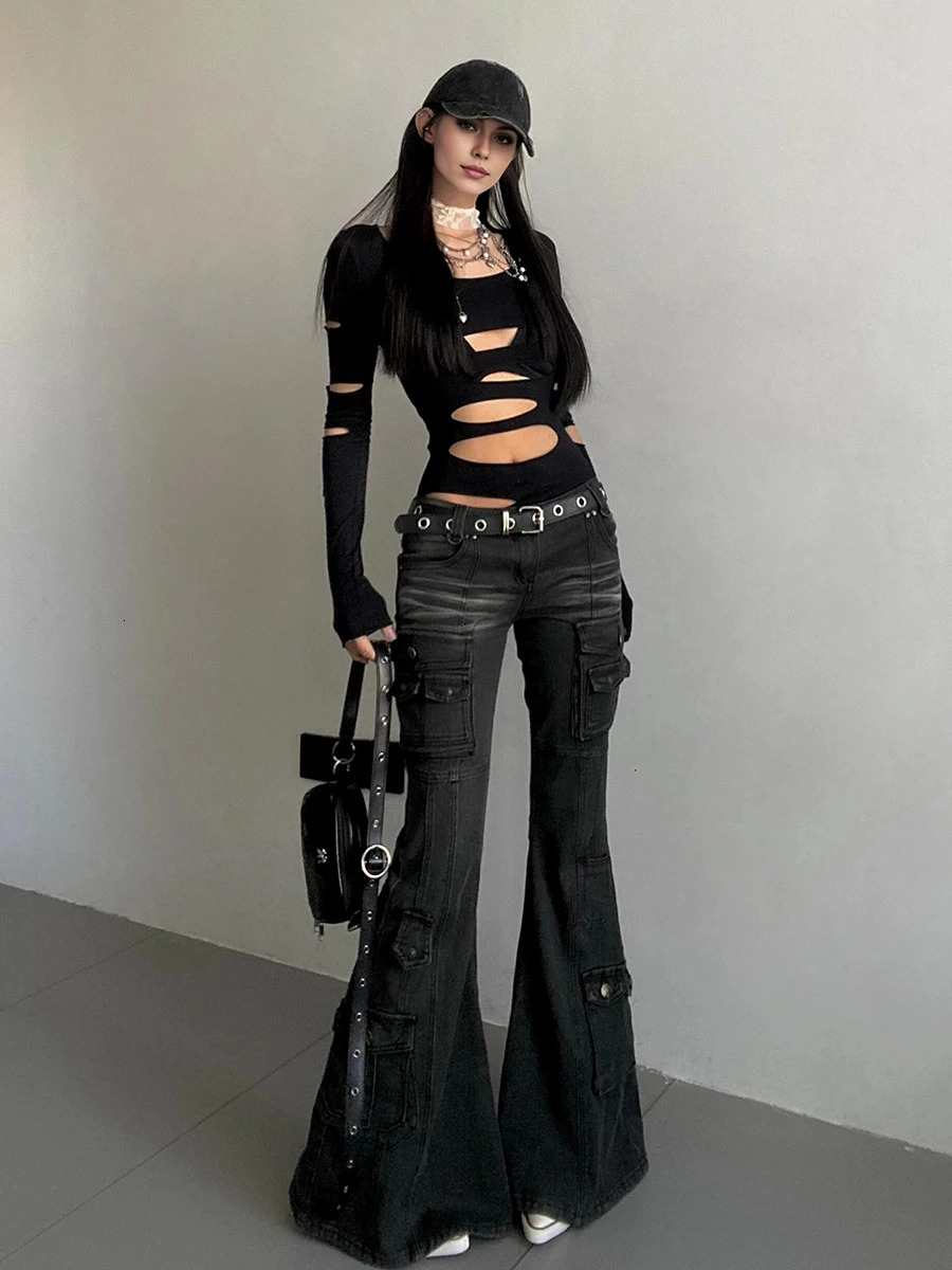 REDDACHiC Acubi Fashion Black Flare Jeans Retro Whiskers Skinny Stretch Low Rise Pockets Cargo Pants Women Grunge Alt Streetwear 251029