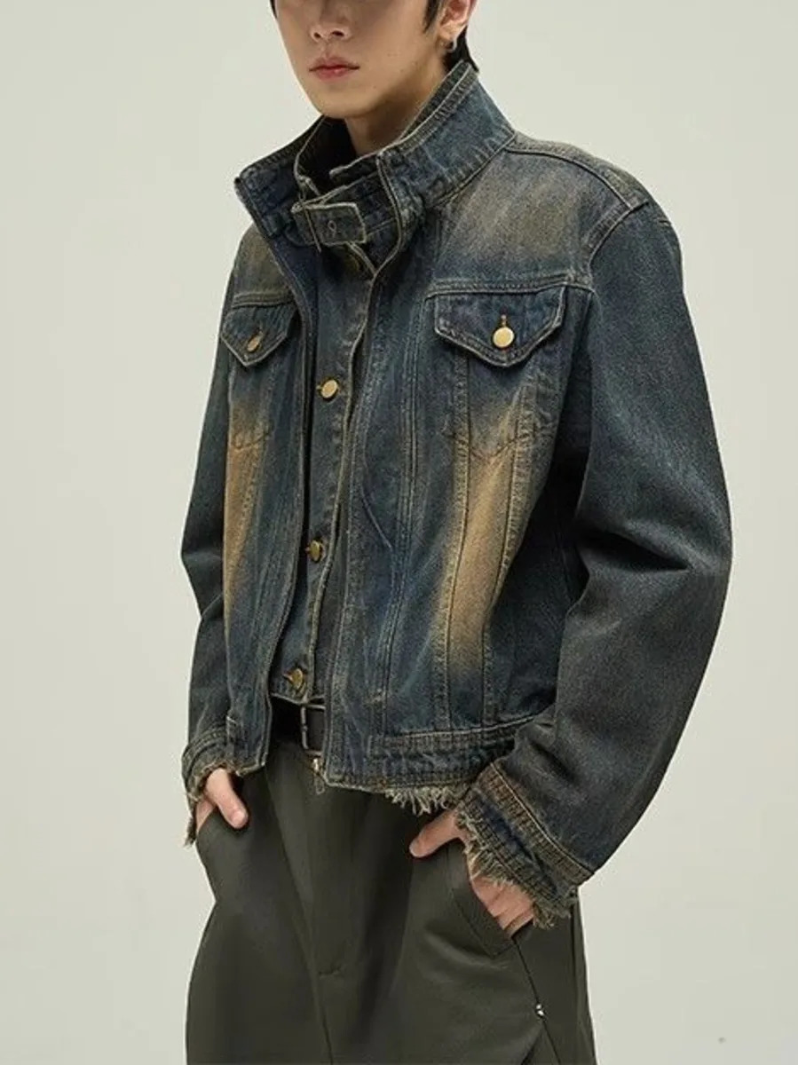 Vintage Denim Jacket Man Woman Short Zipper Single Breasted Cowboy Crop Coats Blue Washed Stand Collar Unisex Jeans Outerwear 251016