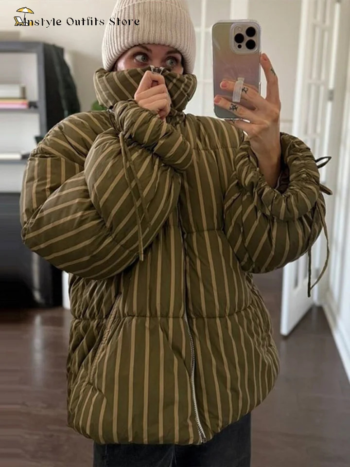 Casual Stripe Thicken Cotton Jackets Womens Loose Stand Collar Zipper Coats With Pockets 2025 Autumn Winter Ladies Outwear 251030