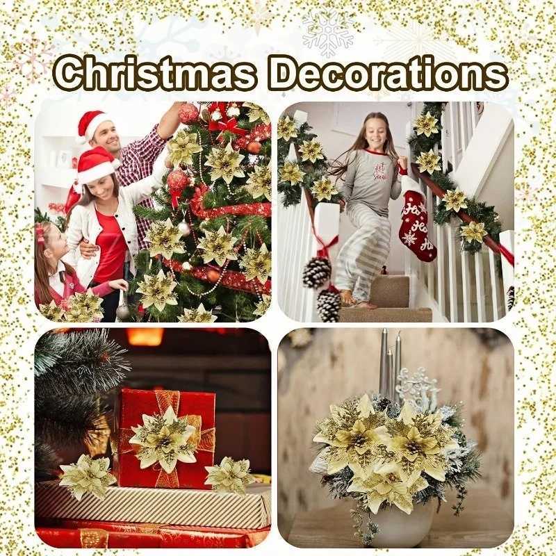 624Pcs 15cm Artificial Christmas Flowers with Clips Stems Xmas Tree Ornaments Glitter Flower for Garland New Year Party Decor C251030