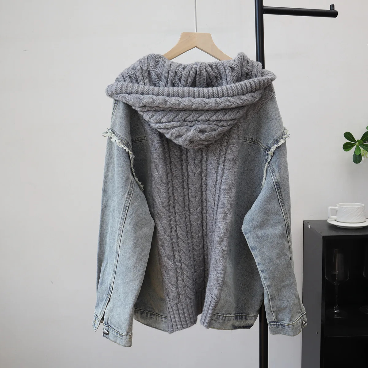 Women Jeans Spliced Sweaters Cardigan Cable Knitted Jumpers Hooded Long Sleeves Single Breasted Loose Y2k Autumn Winter 2025 251029
