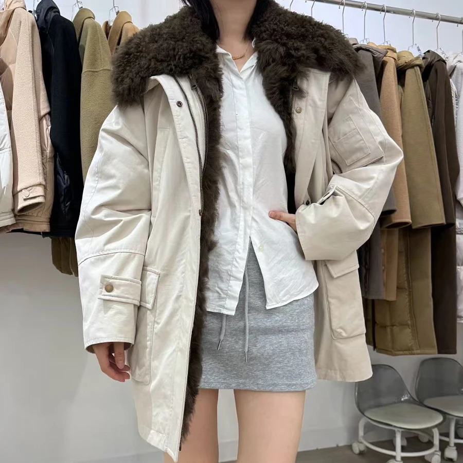 Womens MidLength Down Jacket With Lamb Fur Collar Sheepskin Jacket Natural Fur Puffer Jacket Selling Fur Jacket 251028