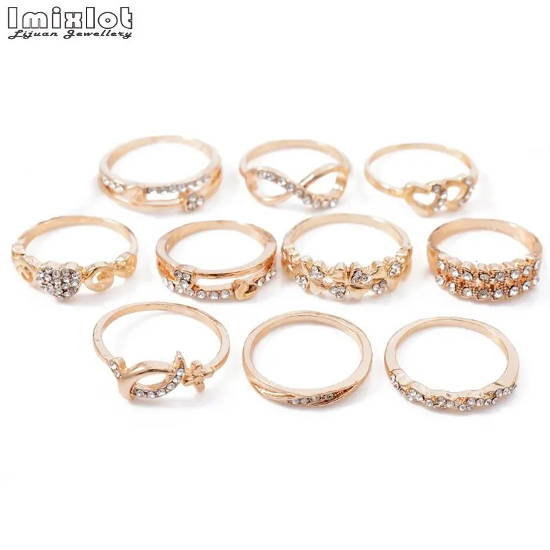 10pcs Wholesale Lots Bulk Rings Jewelry Fashion Gold Color Crystal Rhinestone Wedding Rings Female Jewelry 0201 251023