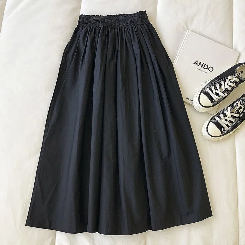 Women Black skirt midi High waist korean style Pleated a line Vintage Clothing 2025 Summer Casual Fashion Ladies Work Wear 251028