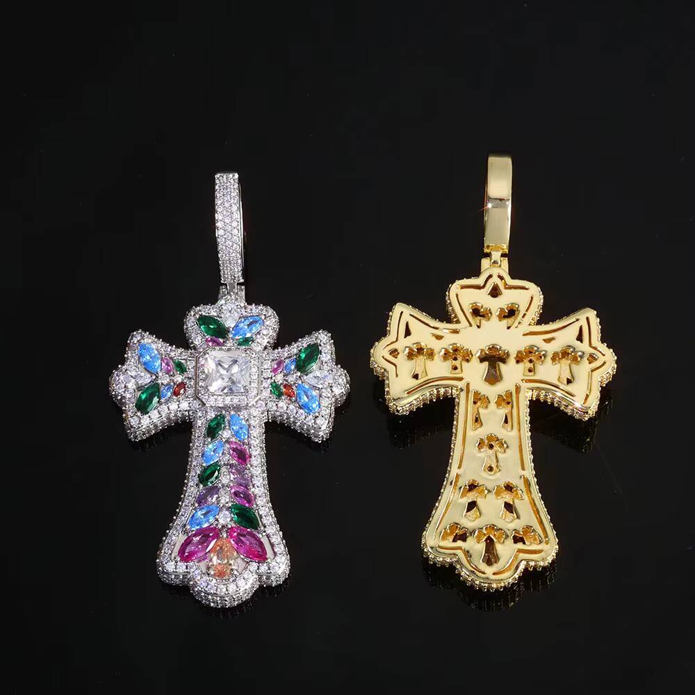 NUOYA Iced Out Colorful Cross Pendant Necklace Gold Plated Large Baguette moissanite Diamonds Custom Charm Design Hip Hop Jewelry Designer's styl