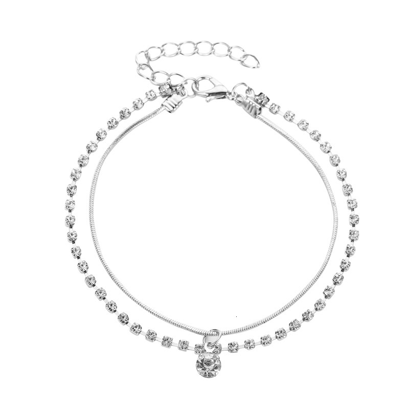 Style Personality Copper Double Layer Inlaid Dia Snake Bone Chain Anklet Women's Beach Foot Jewelry
