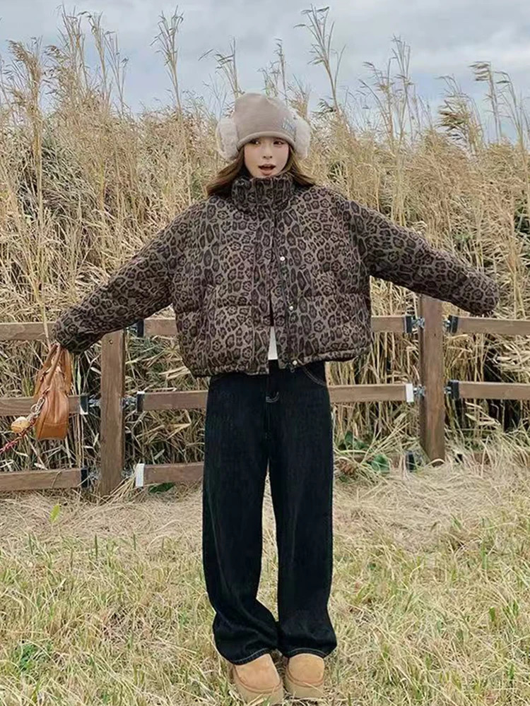 Vintage Leopard Print Parkas Coats Women Winter Warm Standing Collar Crop Down Jacket Y2K Streetwear All Match Zipper Outerwear 251023