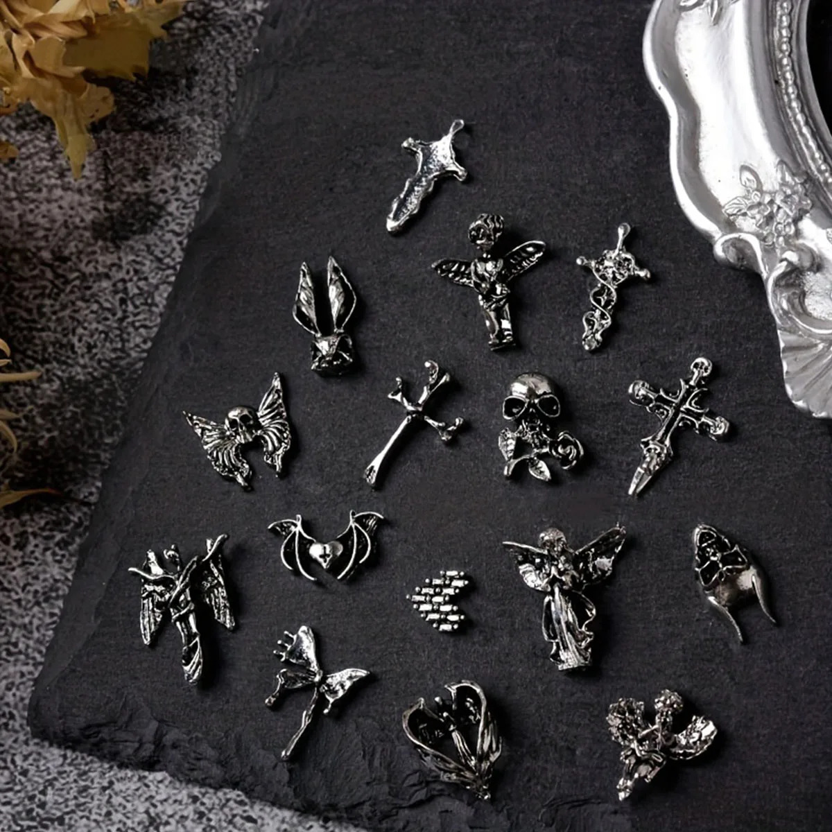 30pcs mixed retro dark wind nail cross Skull ing Angel ancient silver love metal nail ornaments 251027