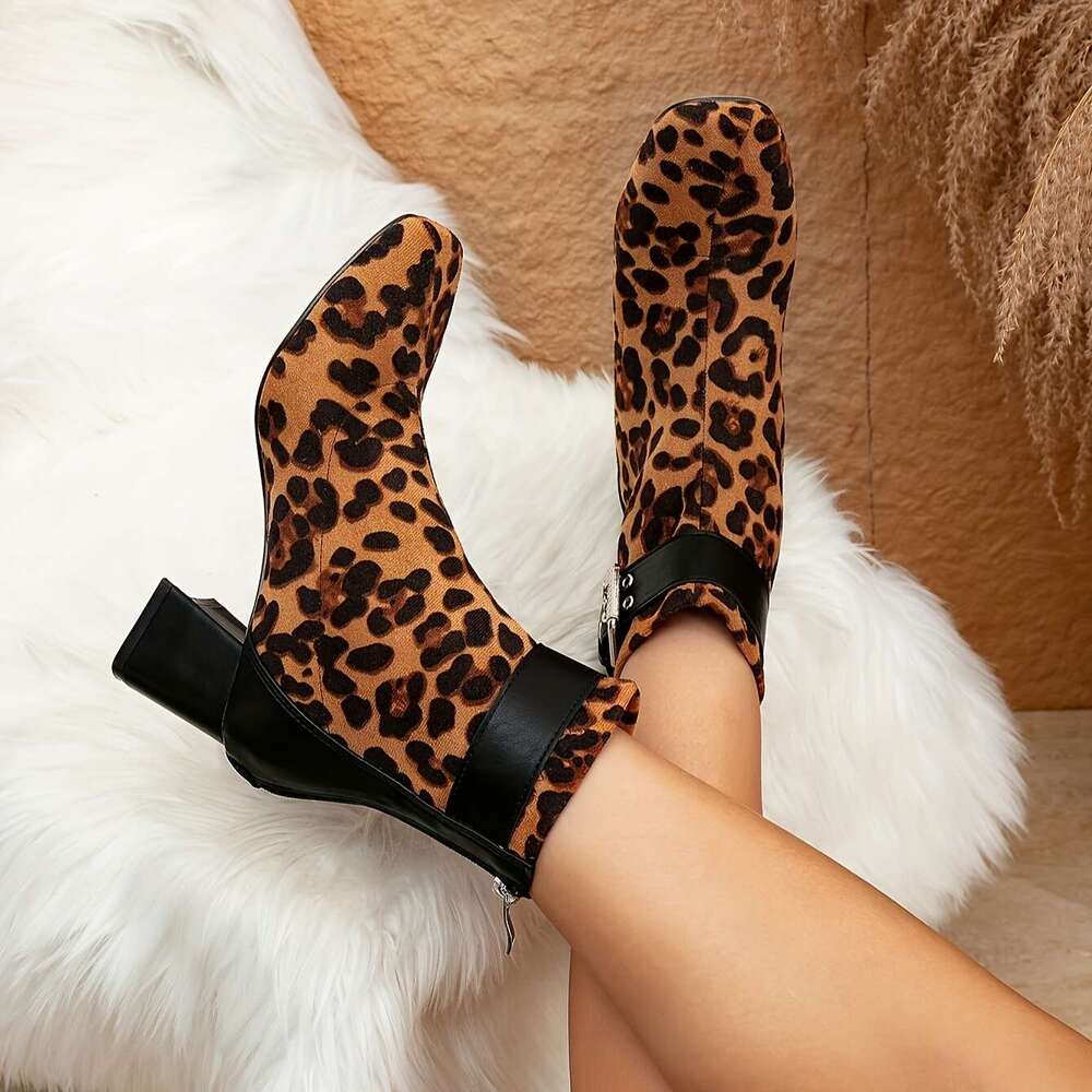 Women's Leopard Print Mid-Calf Boots With Block Heel, Square Toe Zip Closure - Dress Ocn Flannel And PU Upper, Fabric Lining, TPU Sole, High Heel