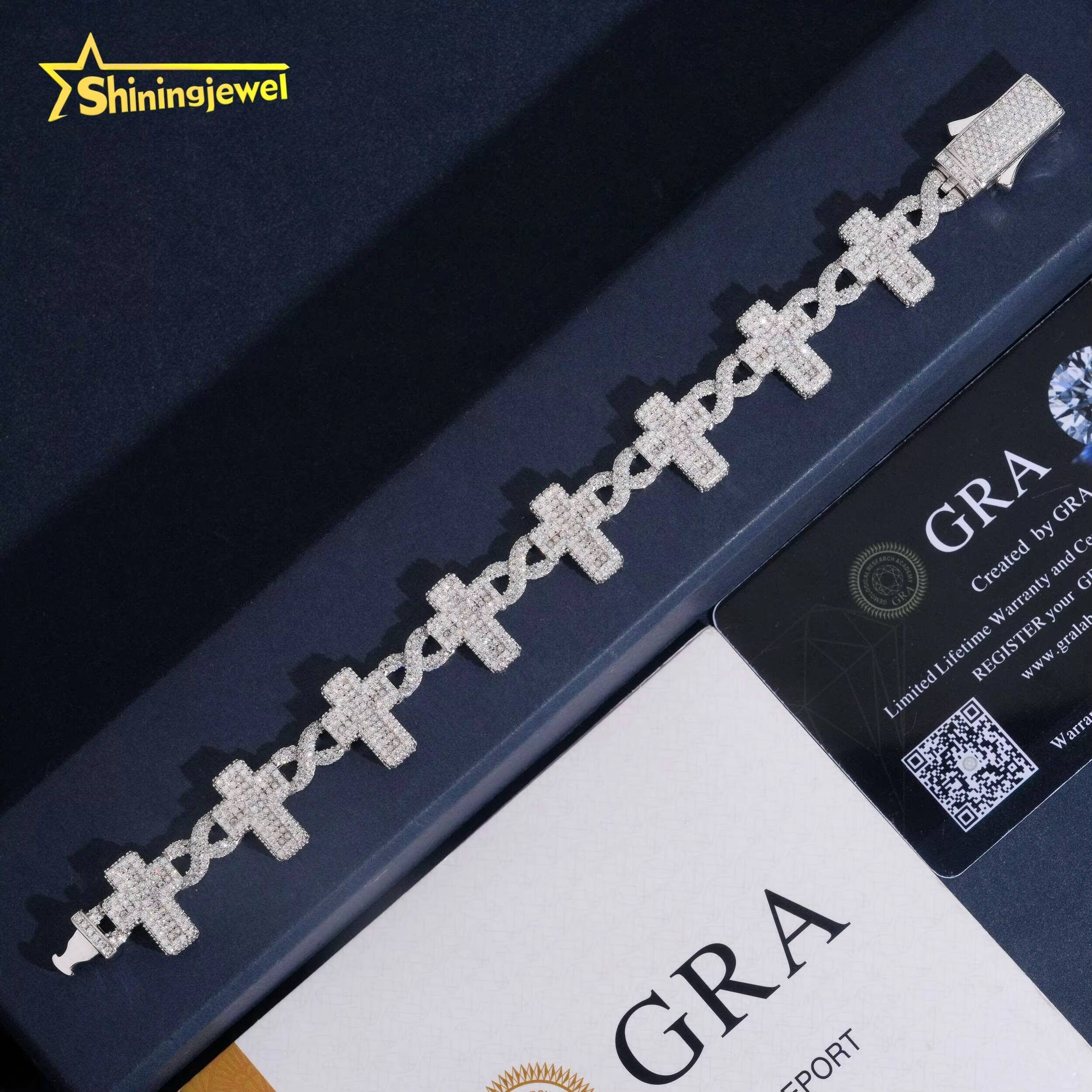 16mm Cross Bracelet Iced Out VVS Moissanite 925 Silver Fine Hip Hop Moissanite Jewelry Miami Cuban Link Chain Diamond Bracelet Designer's style