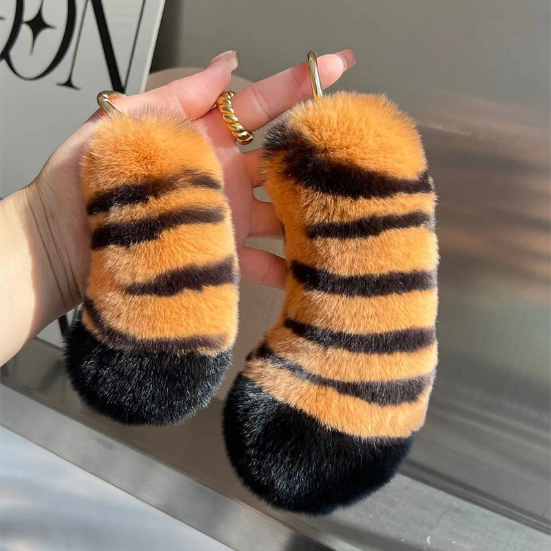 Lovely Tiger Tail Rex Rabbit Fur Car Keychain Plush Decoration for Women's School Bags