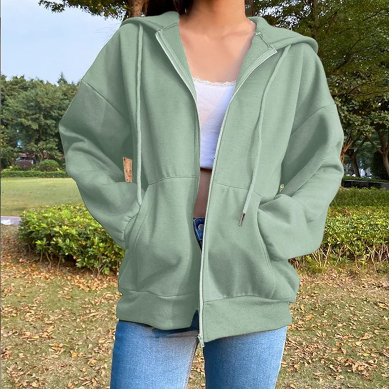 Autumn Fleece Hoodie Solid Color Hooded Korean Fashion Sweatshirts Long Sleeve Top Drawstring Pockets Loose Zipper Black Hoodies 251030