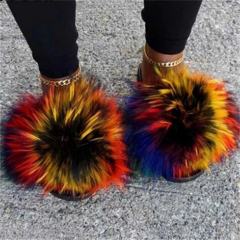 Fluffy Furry Fur Slippers Real Fox Fur Slides For Women Summer PVC Sole Flip Flops Sandals Women Open Toe Shoes Slippers H251030