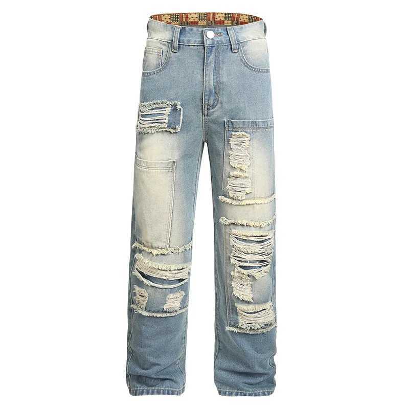 Nostalgic ripped jeans mens 2025 autumn collection trendy brand American retro washed loose straight leg fashionable long pants J251030