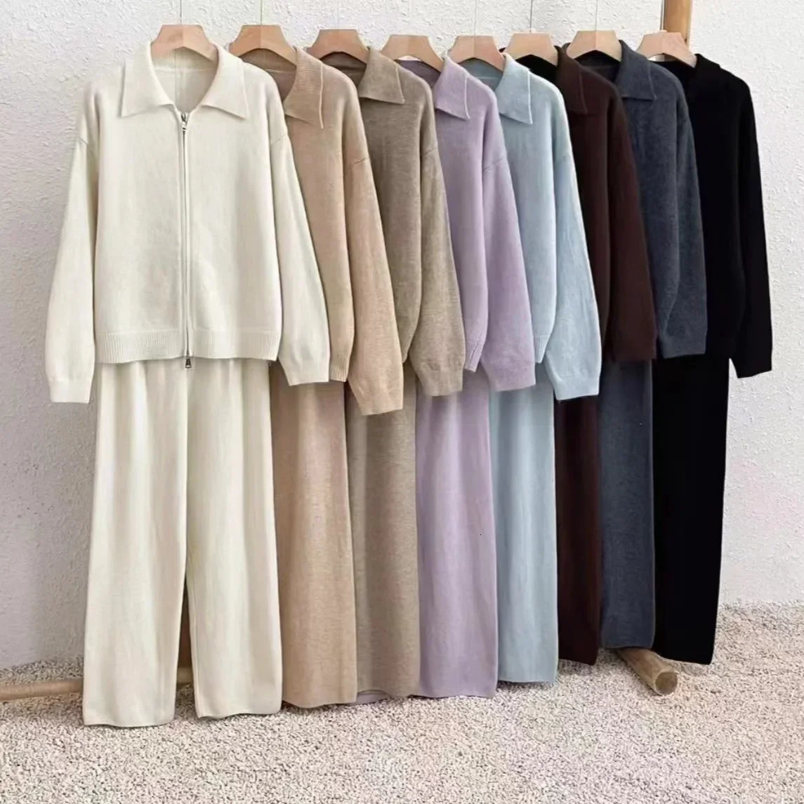 Korean style lazy style lapel sweater suit autumn and winter zipper loose knitted wideleg pants twopiece set for women 251029