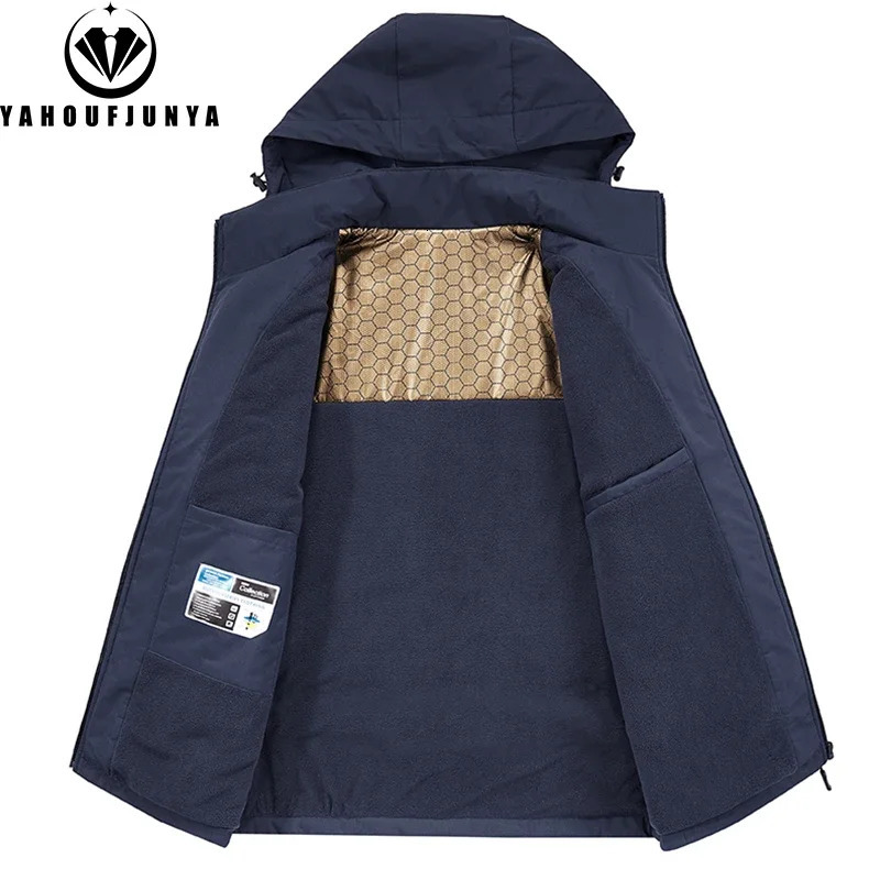 Winter Men Fleece Warm Outdoor Windproof Detachable Hooded Jacket Men Solid Zipper Waterproof Casual Fashion Jacket Male Coat 251028