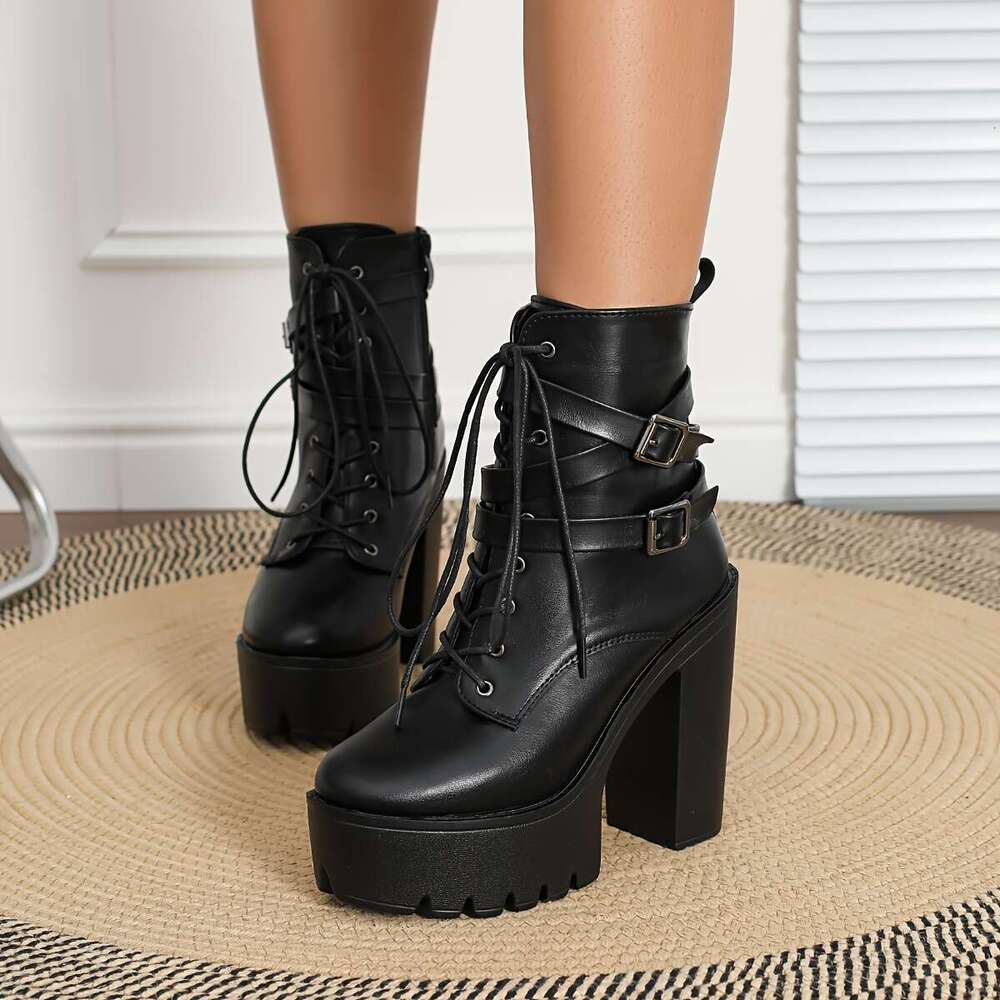 Women's Round Toe Platform Ankle Boots Buckle Detail - Chunky High Heel Booties With Side Zipper, Non-Slip Sole, Fabric Insole, Man-Made Upper PU