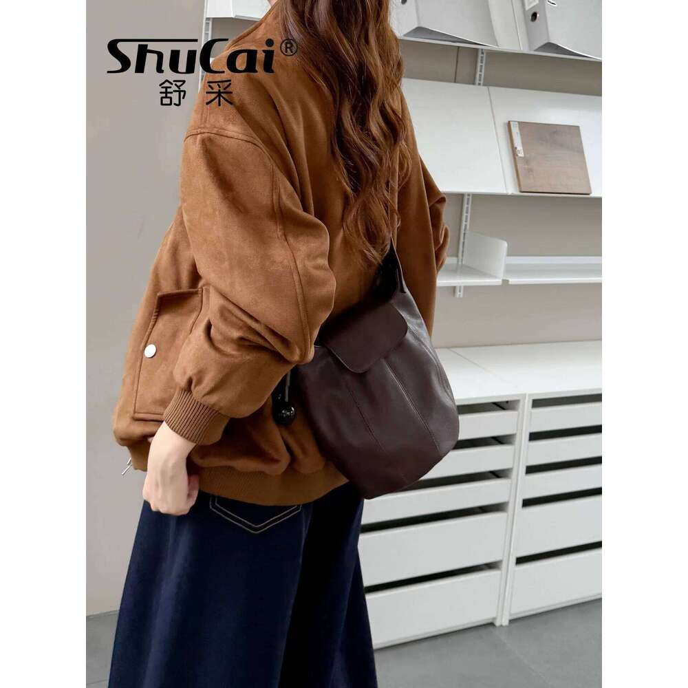 Genuine Grade Cow Leather Women's Shoulder Crossbody Black Bag Designer Brand Cowhide Female Small Coffe Bucket Bags New