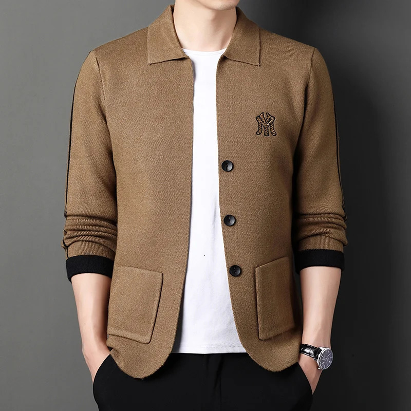 Mens Embroidered Lapel Sweater Jacket Autumn Fashion Business Thick Anti Pilling Knit Cardigan Coat Wear 251017