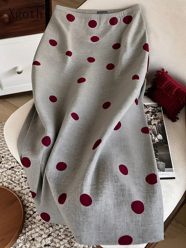 Xgoth Grey Polka Dot Straight Tube Aline Long Skirts for Women Spring Stylish French Vintage High Waist Slimming Midi Skirt 251028