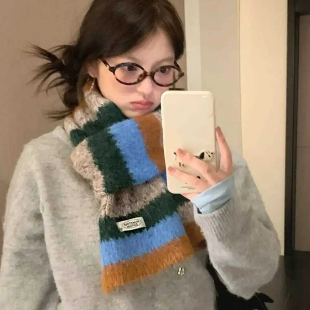 Simple Preppy Style Plaid Wool Scarf Thicken Stripe Scarf Long Korean Style Knitted Shawl StudentW251030