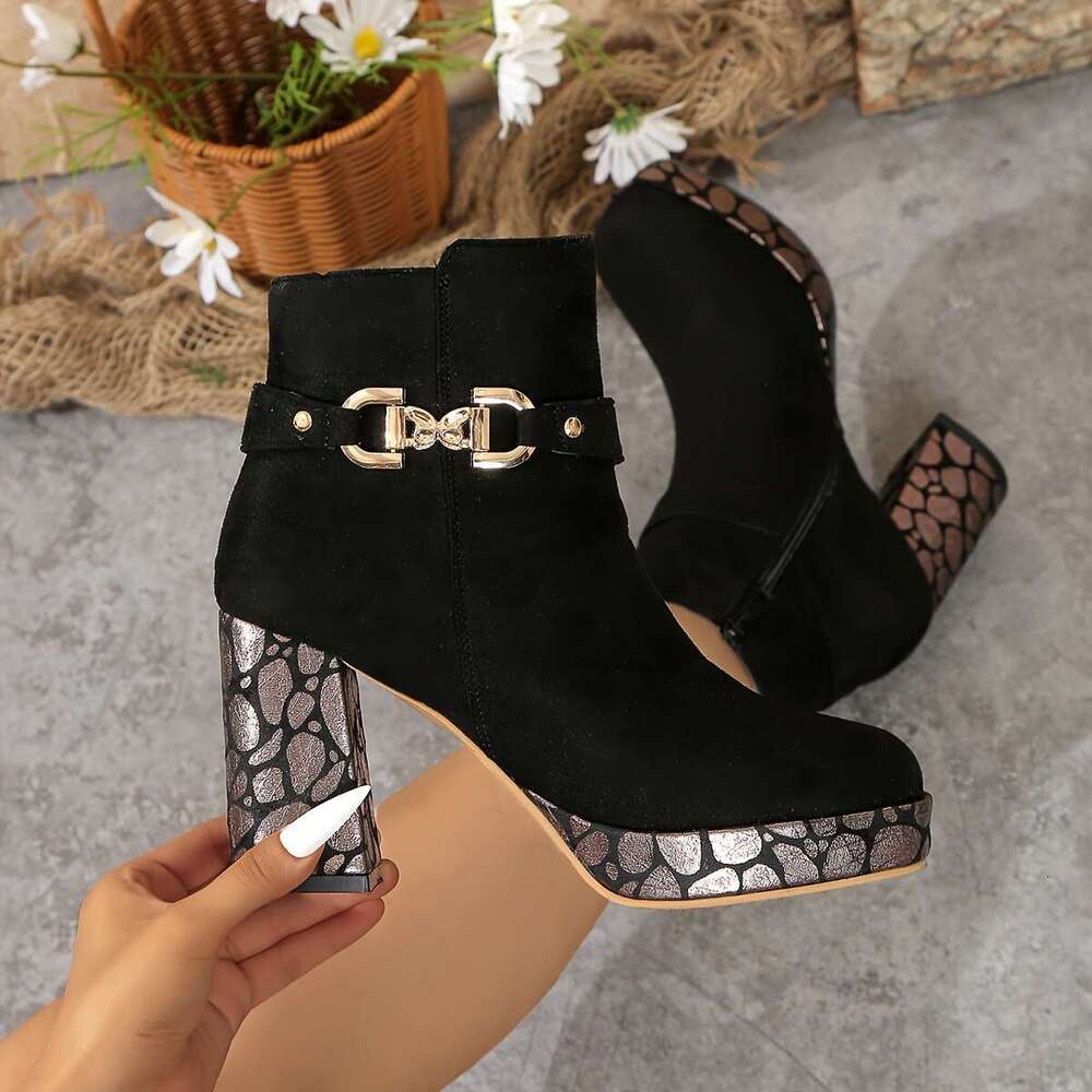 Women's Ankle Booties With Ultrahigh Block Heel, Square Toe, Fabric Upper & Lining, Zipper Closure, Man-Made Insole, Plastic Sole - Fashionable F