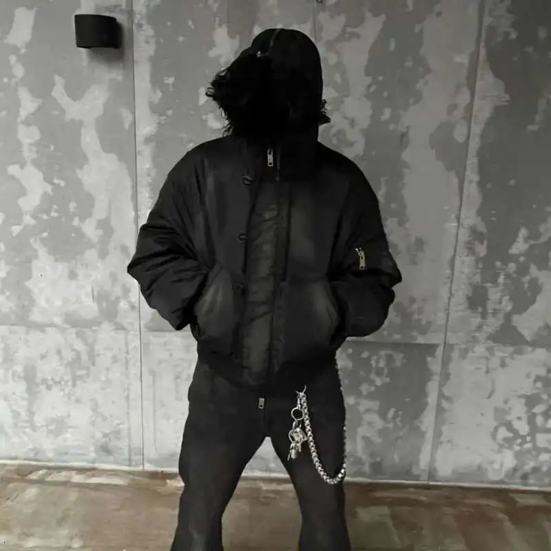 PFNW Winter Oversized Black Cottonpadded Coat Mens Trend Tiedye Print Fur Collar Zipper Hooded Quilted Padded Jackets 251028
