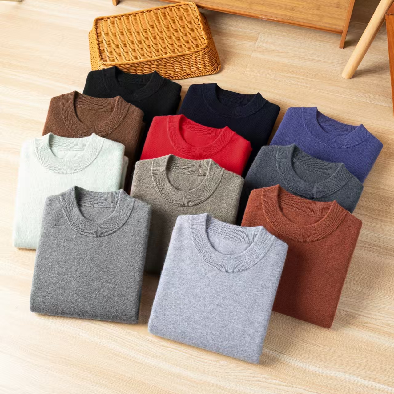 100% pure cashmere sweater men's thick warm round neck sweater solid color long sleeved knitted sweater