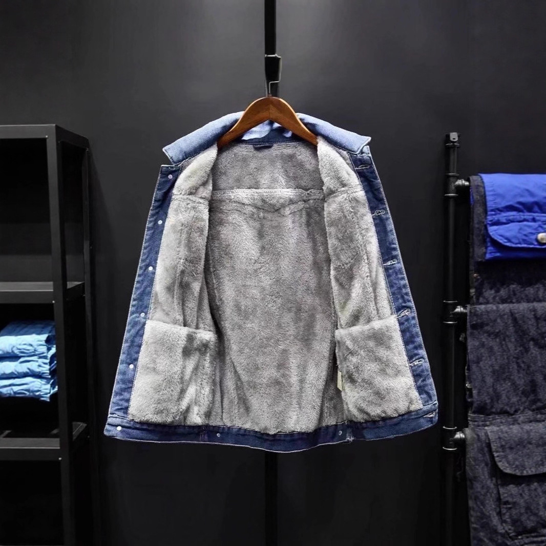 Fleece-lined Thickened Denim Jacket For Men New Designer Coat Loose Fit Plus Size Clothing Winter Lamb Wool Warm Casual Jacket