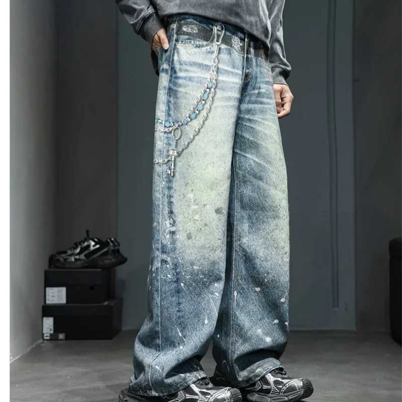 American street retro washed dirty straight leg loose high waisted jeans with distressed chain print mens straight leg jeans J251030