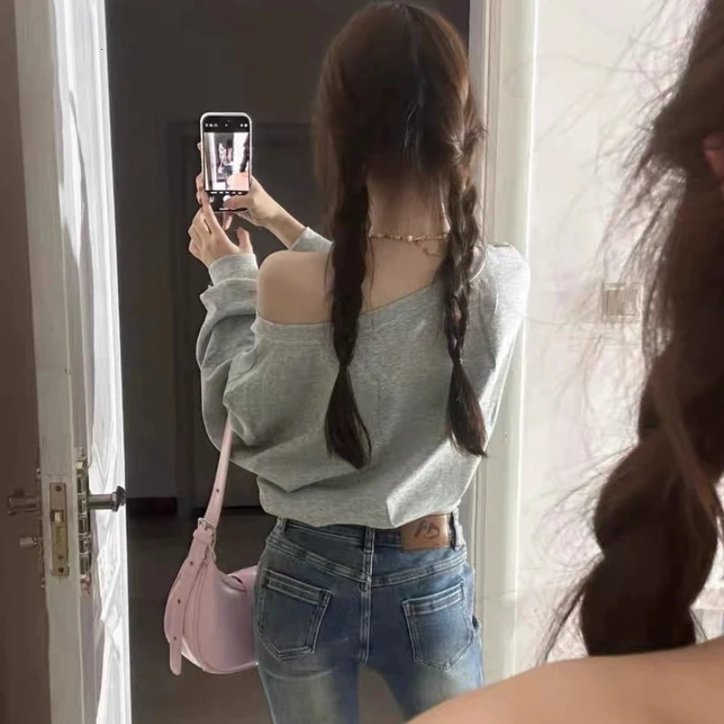 Women Hoodies Autumn Streetwear Off Shoulder Seductive Cropped Allmatch Sweatshirts Baggy Fashion Print Aesthetic Casual 251030