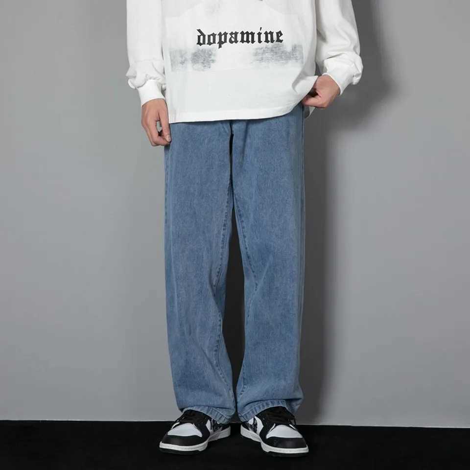 Korean Solid Colors Mens Casual Long Jeans Classic Man Four Seasons Straight Denim Wideleg Pants Light Blue Grey Black 3XL J251030