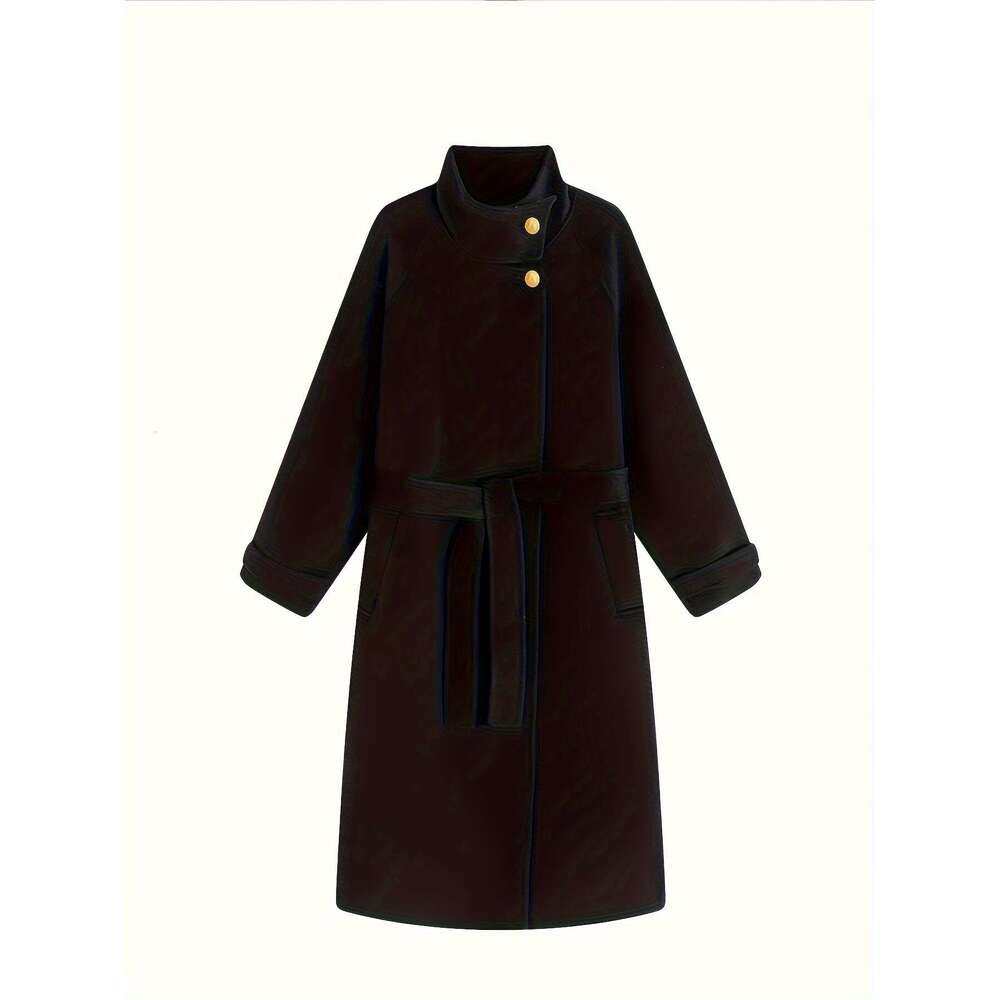M Women S Elegant Stand Collar Golden Button Midi Coat