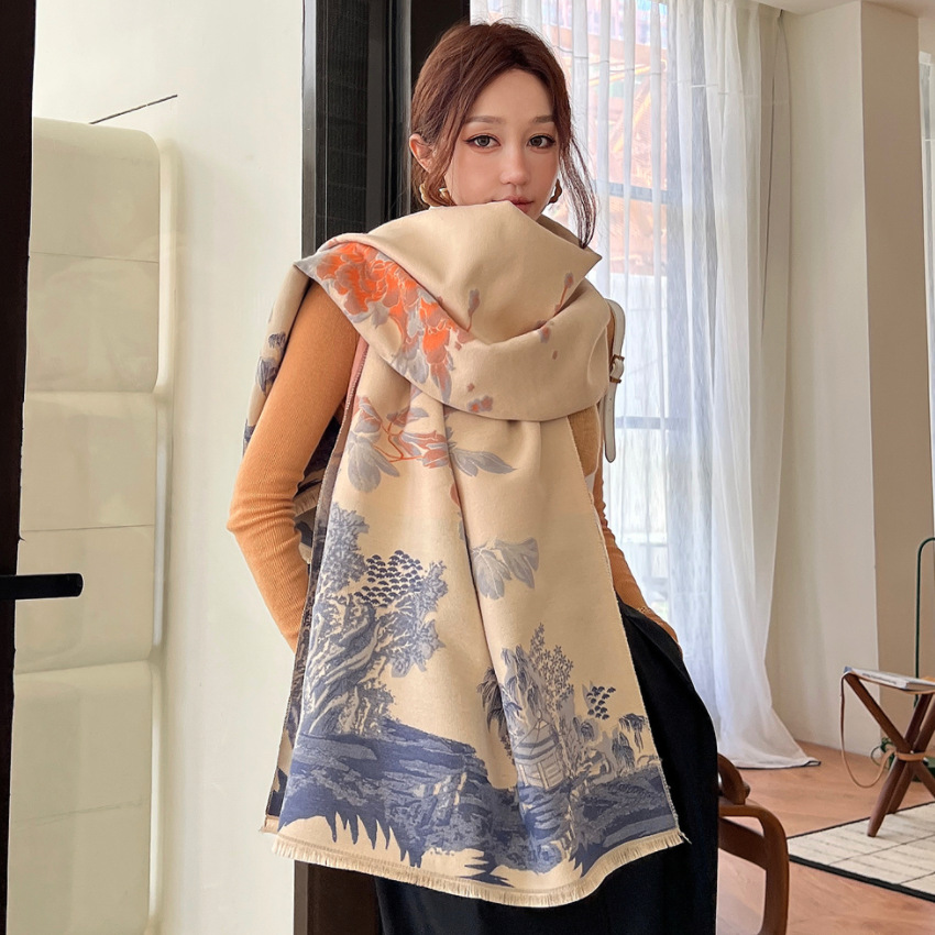 Korean Style Artistic Landscape Pattern Scarf Autumn And Winter Double Sided Thick Warm Large Shawl Scarf Retro Aesthetic Versatile Scarf